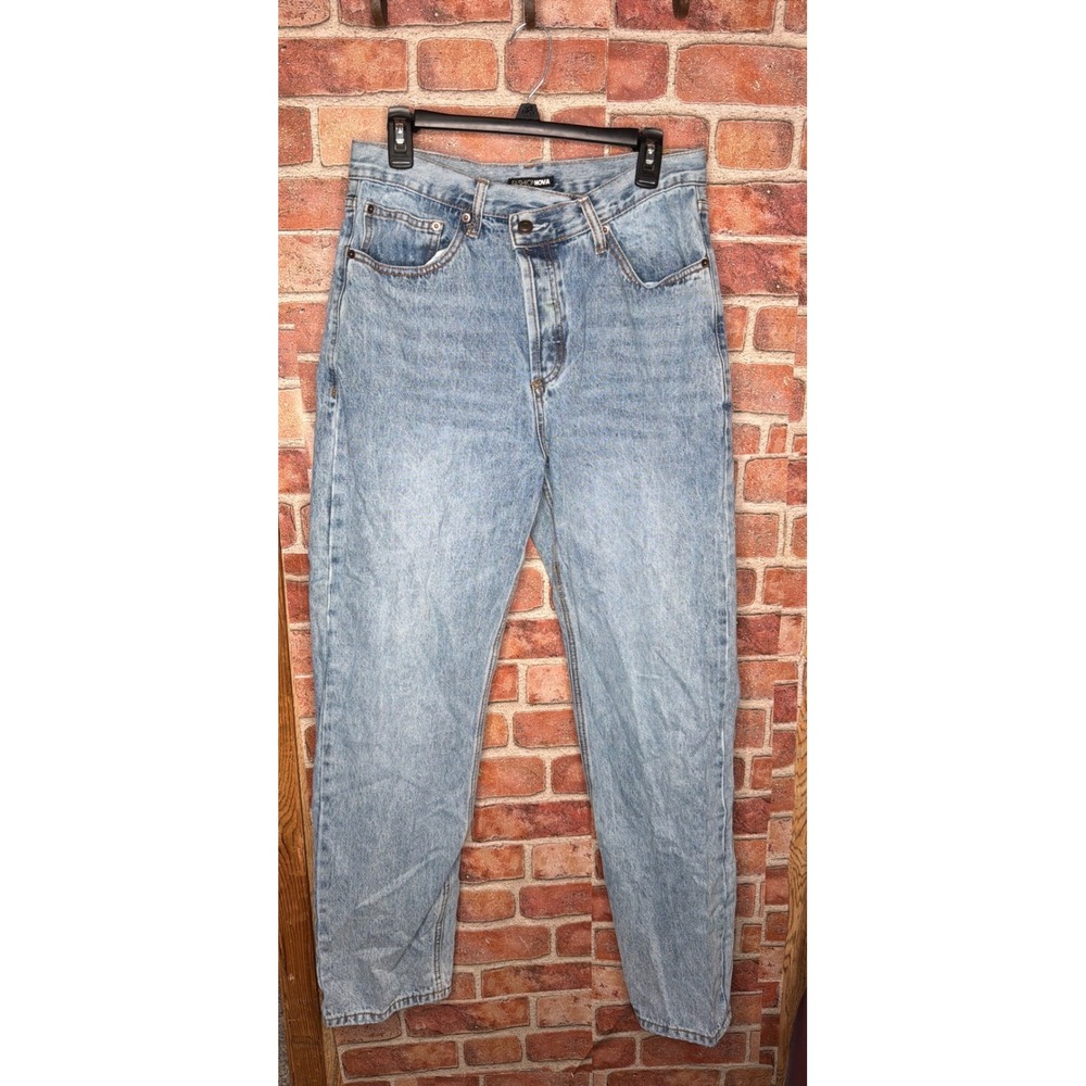 Fashion Nova Crossover Waist Mom Jeans Light Wash Asymmetrical Size 9 Baggy Y2K